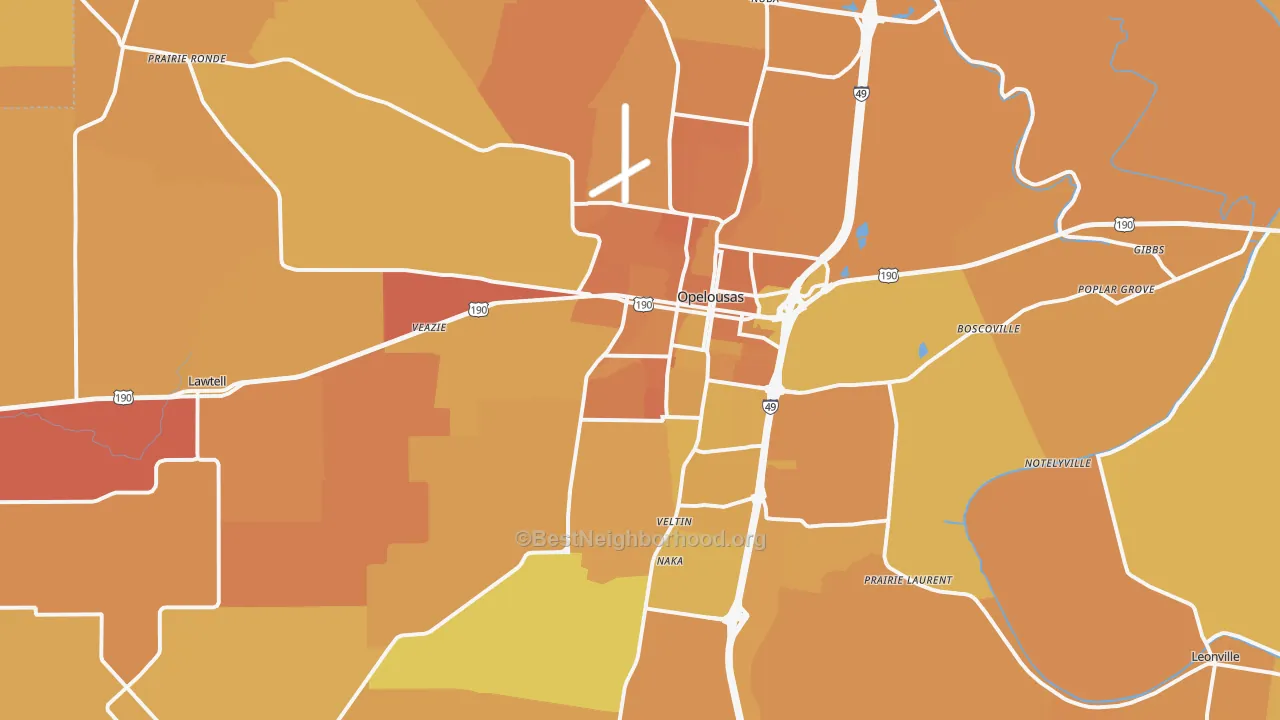 Map of the best neighborhoods in the 70570 area, with better matches in green and worse matches in red