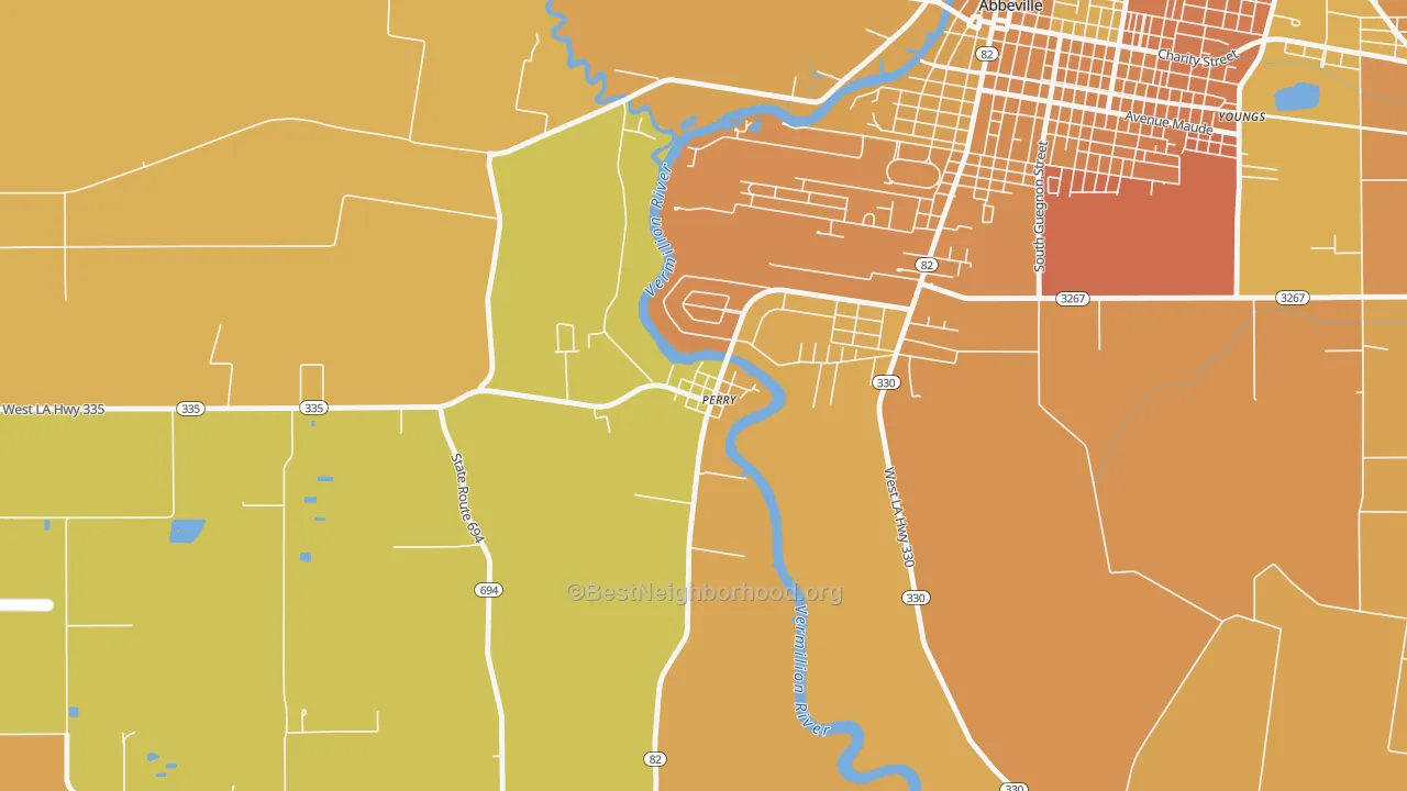 Map of the best neighborhoods in the 70575 area, with better matches in green and worse matches in red
