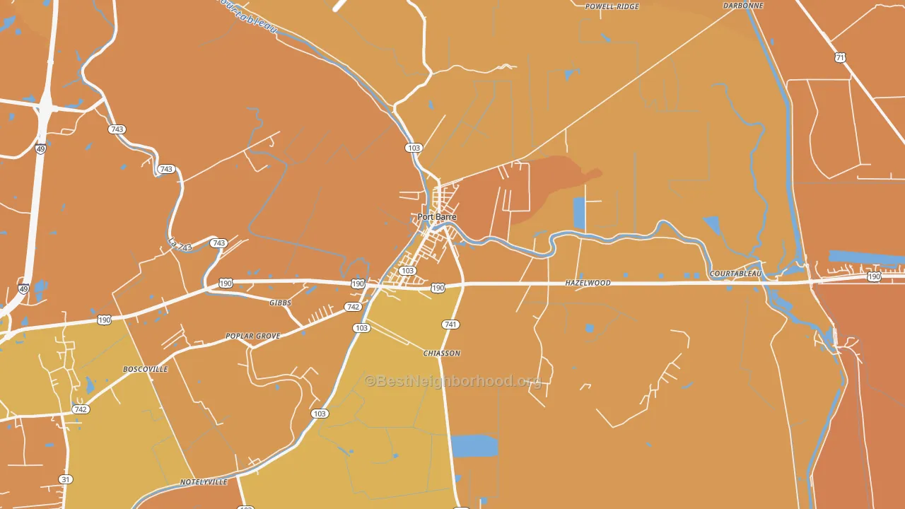 Map of the best neighborhoods in the 70577 area, with better matches in green and worse matches in red