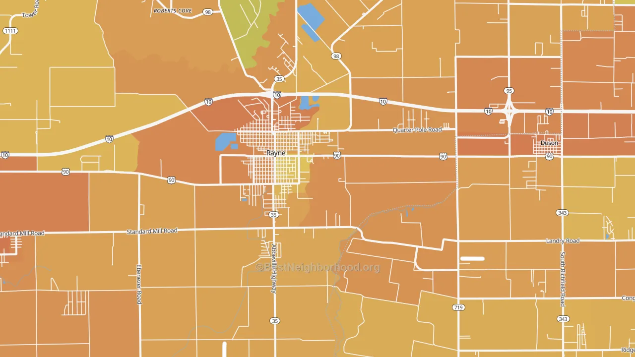 Map of the best neighborhoods in the 70578 area, with better matches in green and worse matches in red