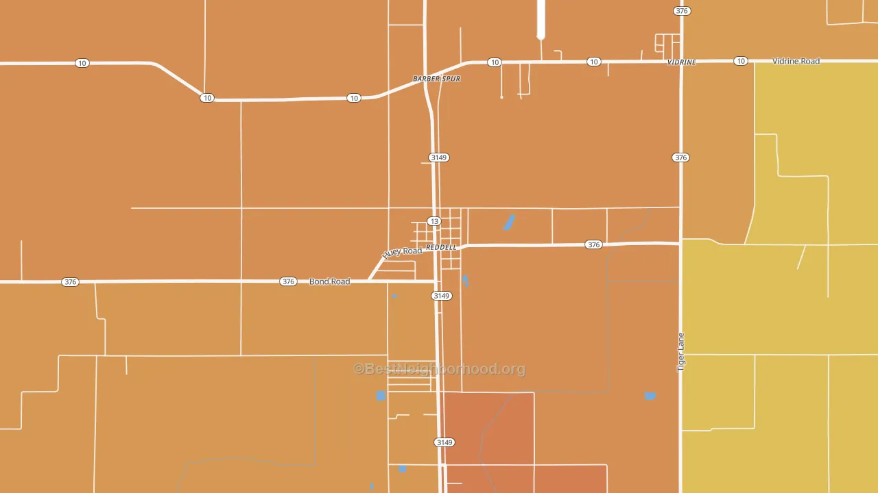 Map of the best neighborhoods in the 70580 area, with better matches in green and worse matches in red
