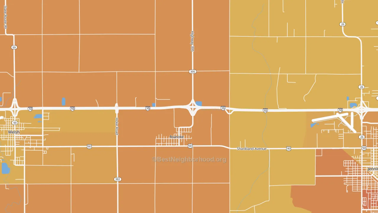 Map of the best neighborhoods in the 70581 area, with better matches in green and worse matches in red