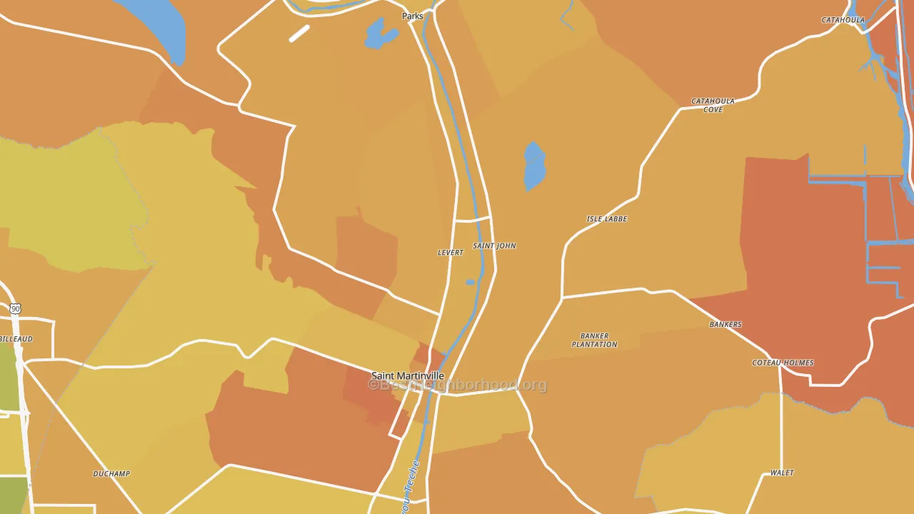 Map of the best neighborhoods in the 70582 area, with better matches in green and worse matches in red