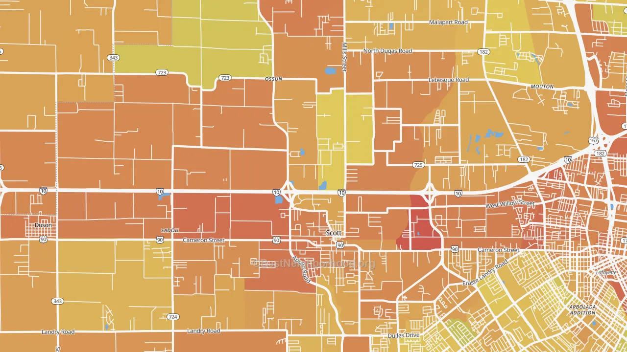 Map of the best neighborhoods in the 70583 area, with better matches in green and worse matches in red