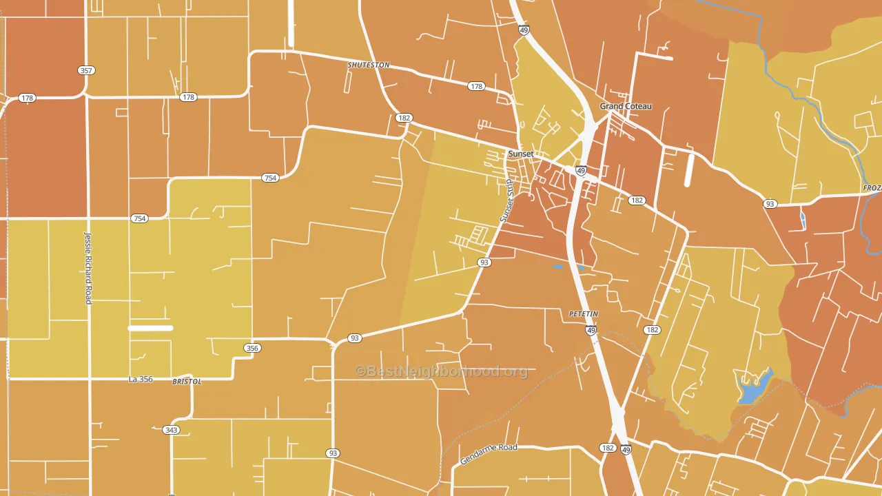 Map of the best neighborhoods in the 70584 area, with better matches in green and worse matches in red