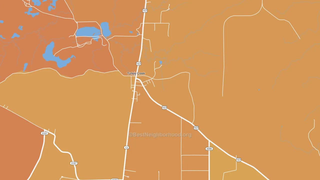 Map of the best neighborhoods in the 70585 area, with better matches in green and worse matches in red