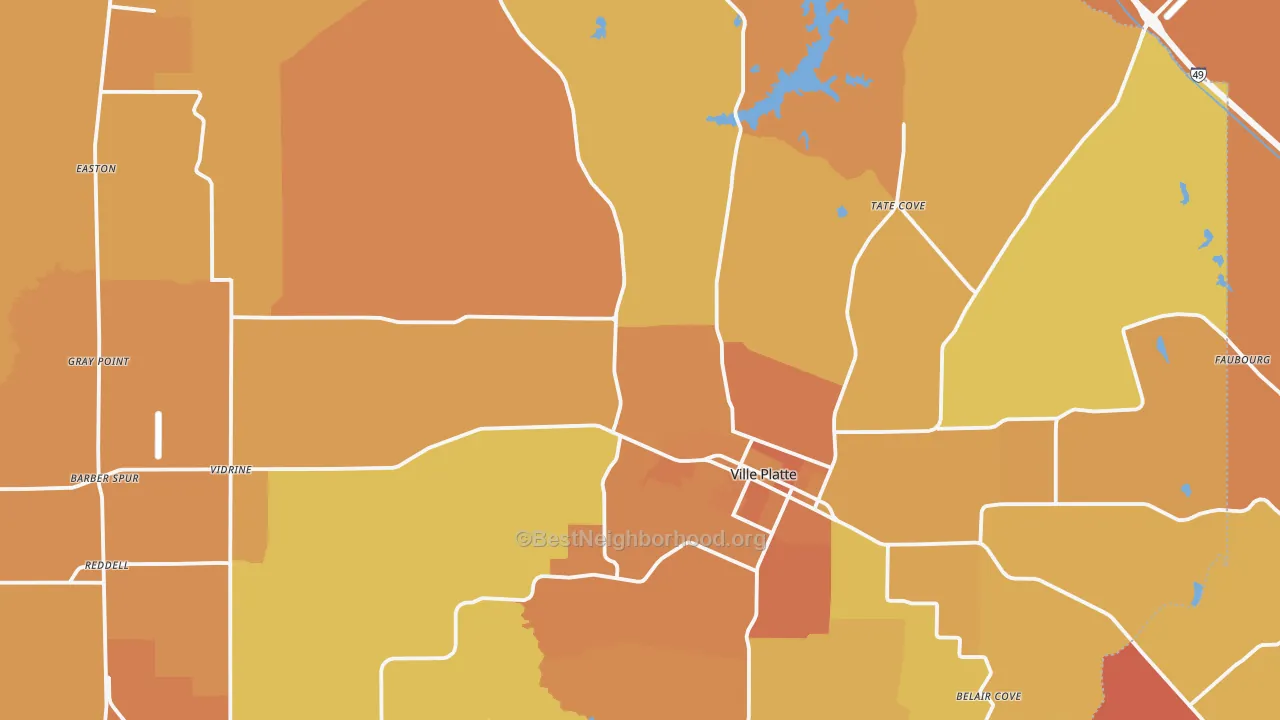 Map of the best neighborhoods in the 70586 area, with better matches in green and worse matches in red