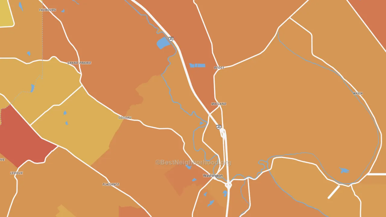 Map of the best neighborhoods in the 70589 area, with better matches in green and worse matches in red