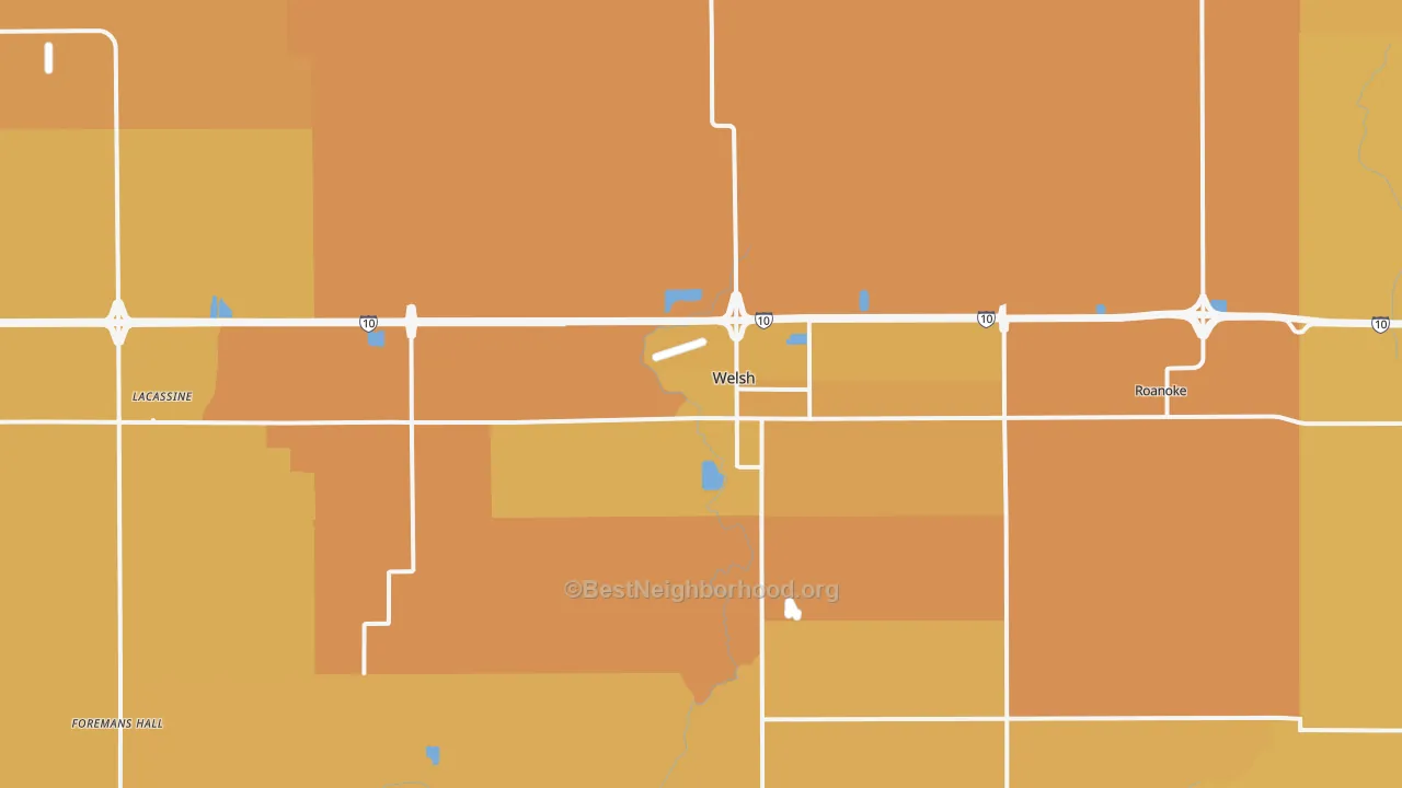 Map of the best neighborhoods in the 70591 area, with better matches in green and worse matches in red