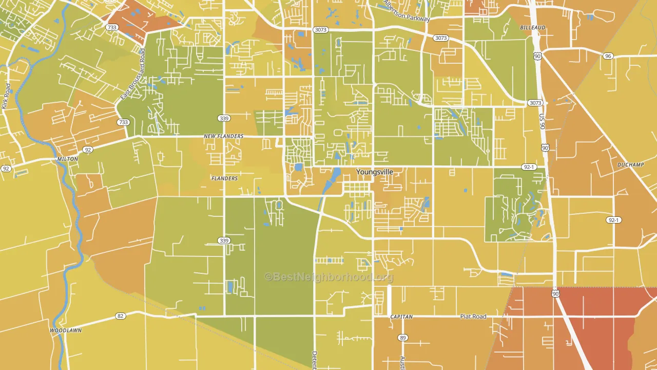Map of the best neighborhoods in the 70592 area, with better matches in green and worse matches in red