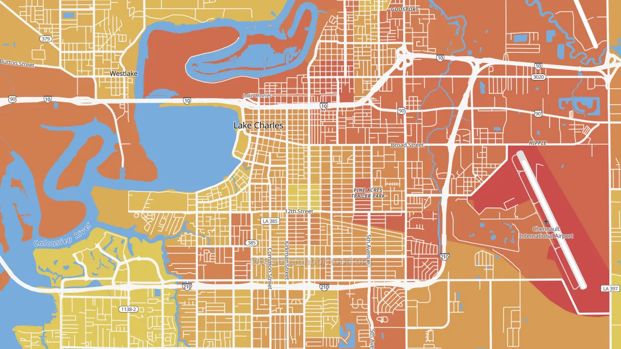 Map of the best neighborhoods in the 70601 area, with better matches in green and worse matches in red