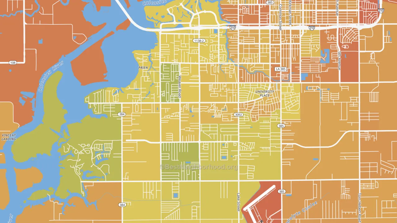 Map of the best neighborhoods in the 70605 area, with better matches in green and worse matches in red