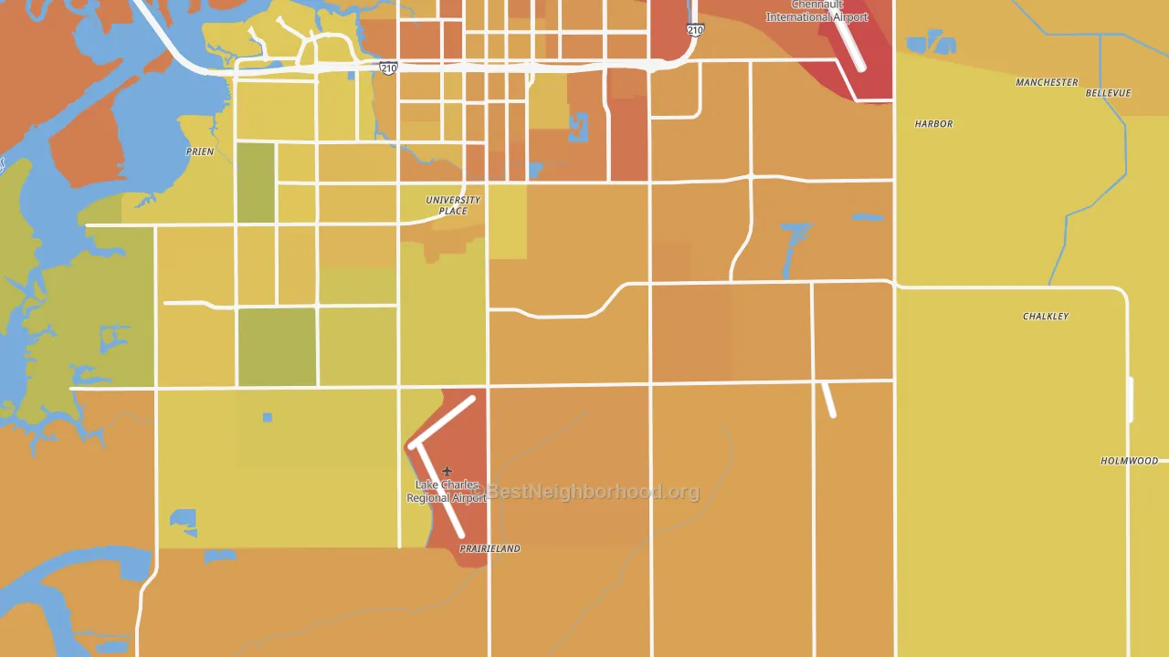 Map of the best neighborhoods in the 70607 area, with better matches in green and worse matches in red