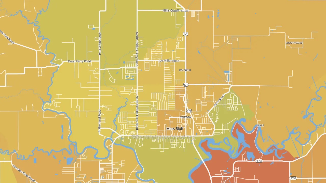Map of the best neighborhoods in the 70611 area, with better matches in green and worse matches in red