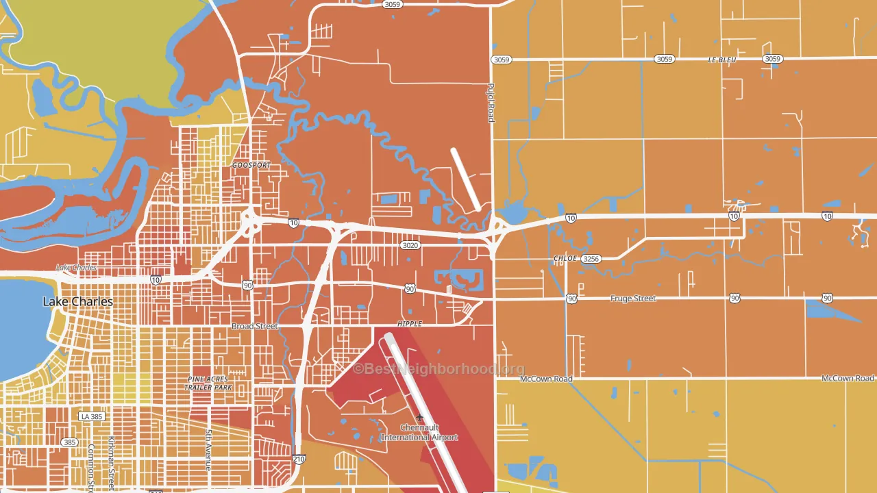 Map of the best neighborhoods in the 70615 area, with better matches in green and worse matches in red