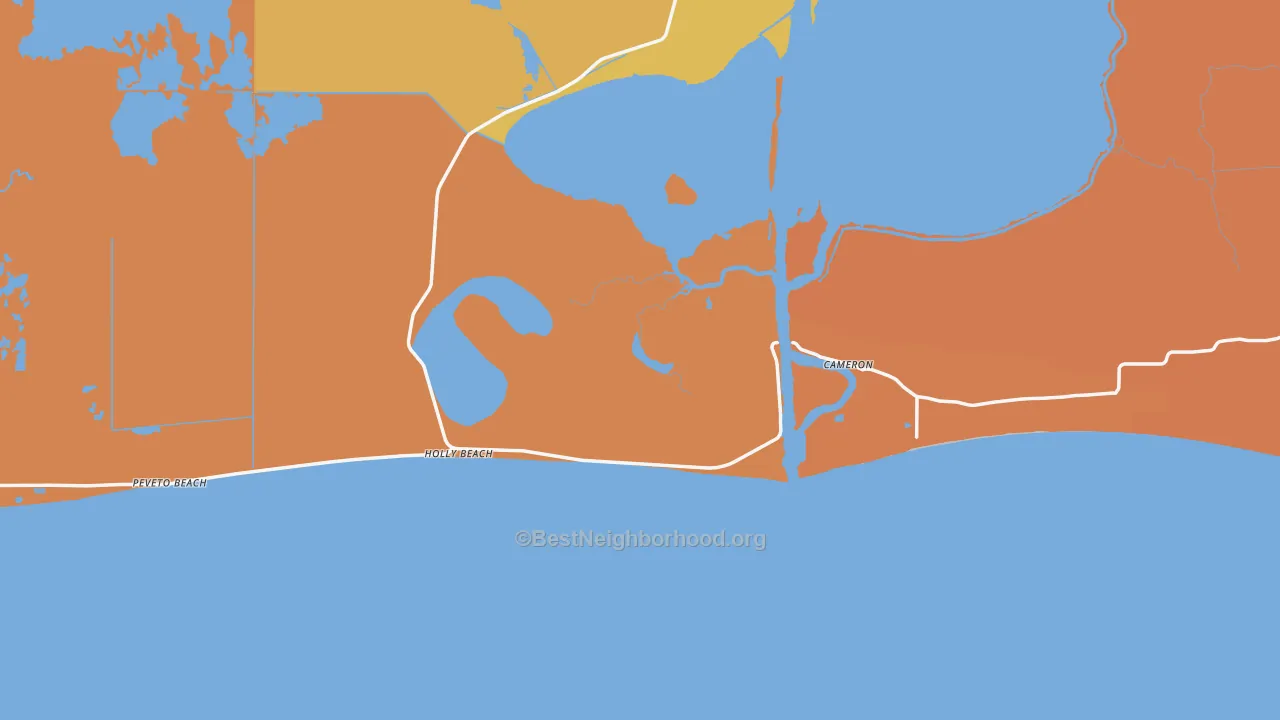 Map of the best neighborhoods in the 70631 area, with better matches in green and worse matches in red