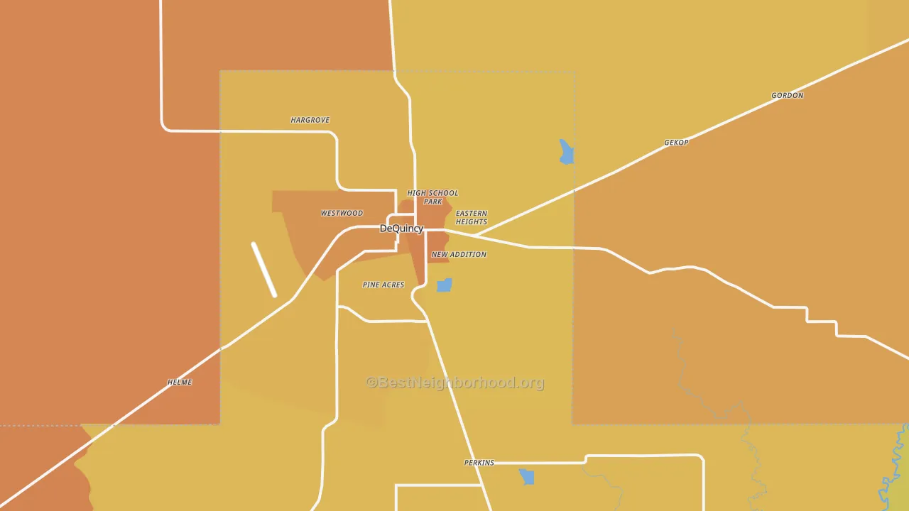 Map of the best neighborhoods in the 70633 area, with better matches in green and worse matches in red