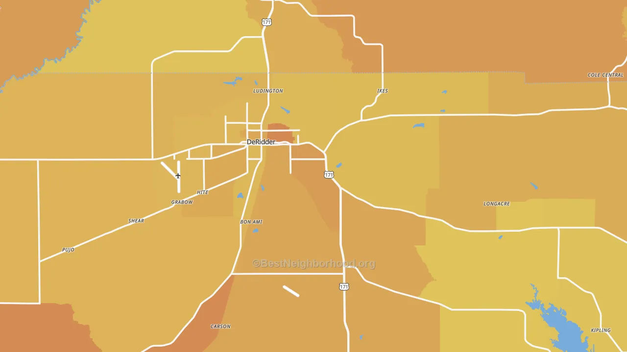 Map of the best neighborhoods in the 70634 area, with better matches in green and worse matches in red