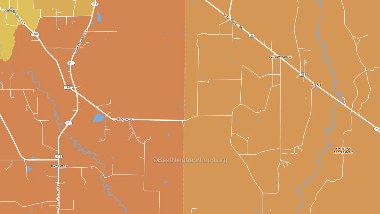 Map of the best neighborhoods in the 70637 area, with better matches in green and worse matches in red