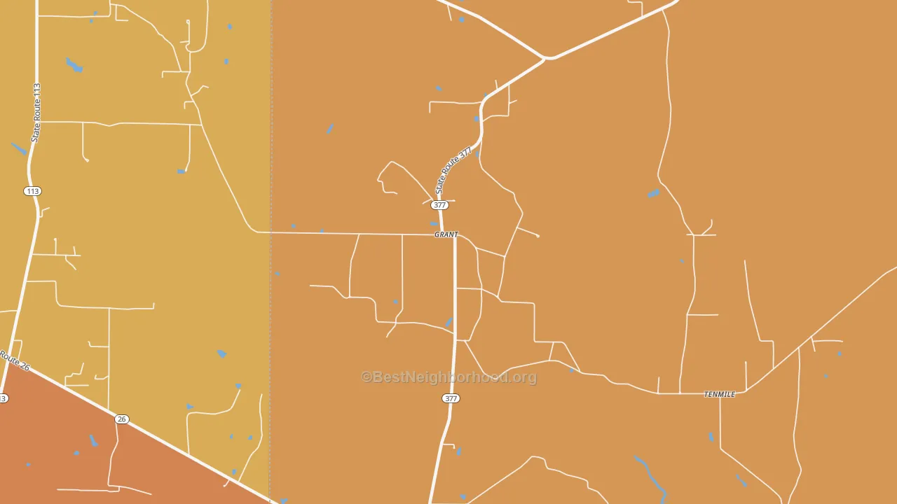 Map of the best neighborhoods in the 70644 area, with better matches in green and worse matches in red