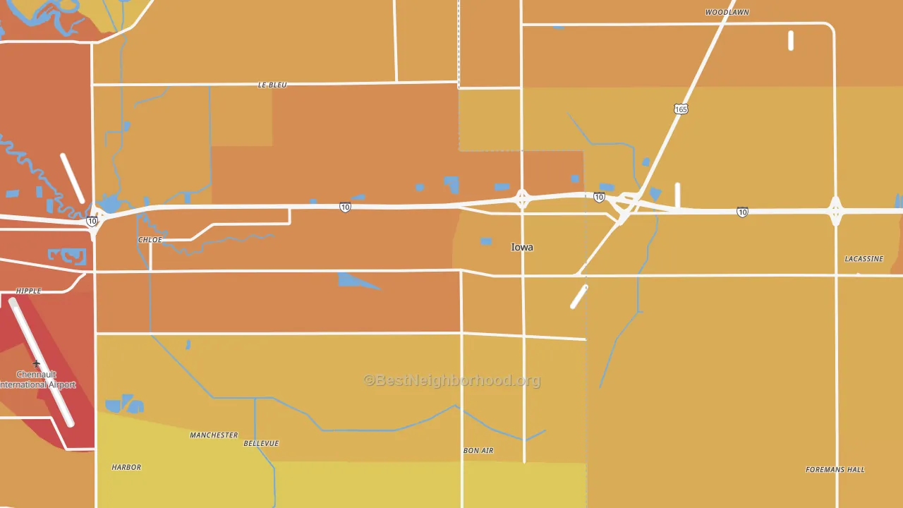 Map of the best neighborhoods in the 70647 area, with better matches in green and worse matches in red