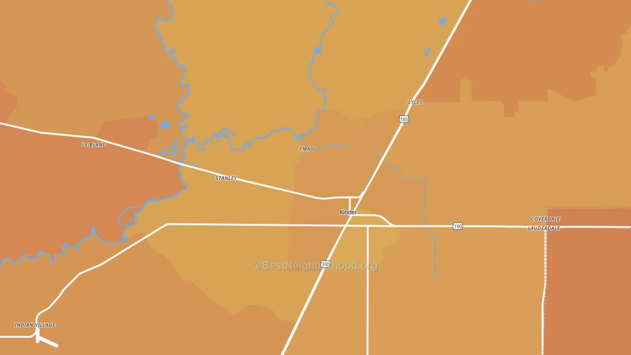 Map of the best neighborhoods in the 70648 area, with better matches in green and worse matches in red