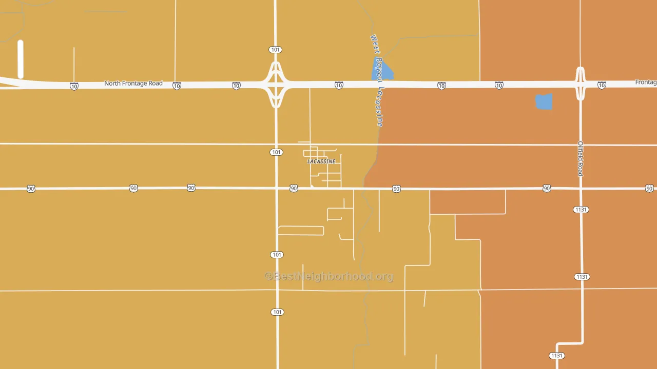 Map of the best neighborhoods in the 70650 area, with better matches in green and worse matches in red