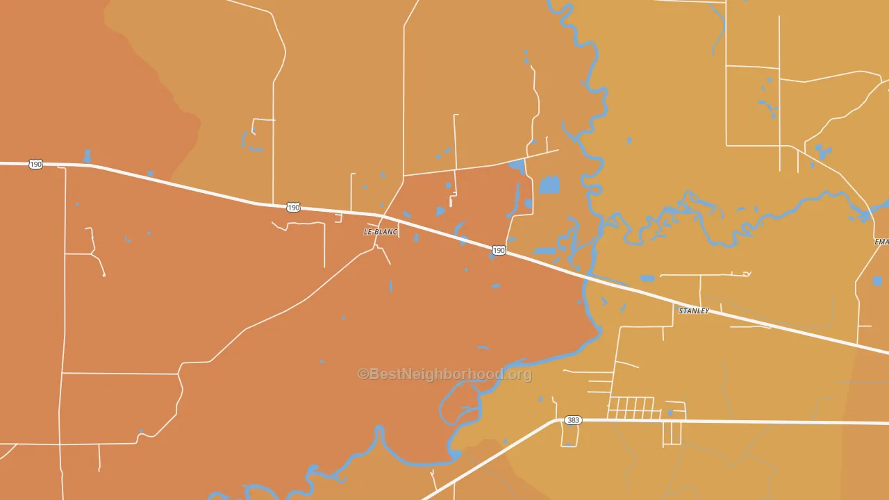 Map of the best neighborhoods in the 70651 area, with better matches in green and worse matches in red