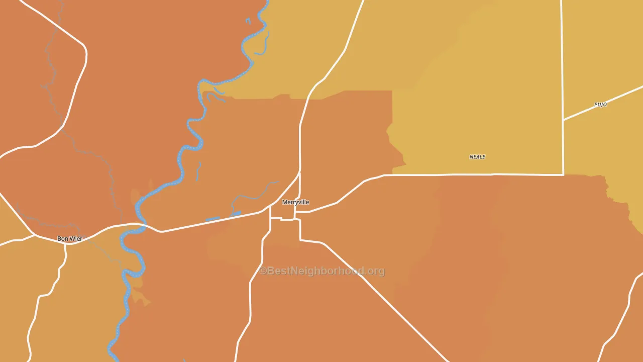 Map of the best neighborhoods in the 70653 area, with better matches in green and worse matches in red