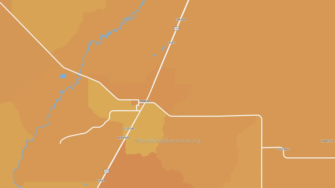 Map of the best neighborhoods in the 70655 area, with better matches in green and worse matches in red