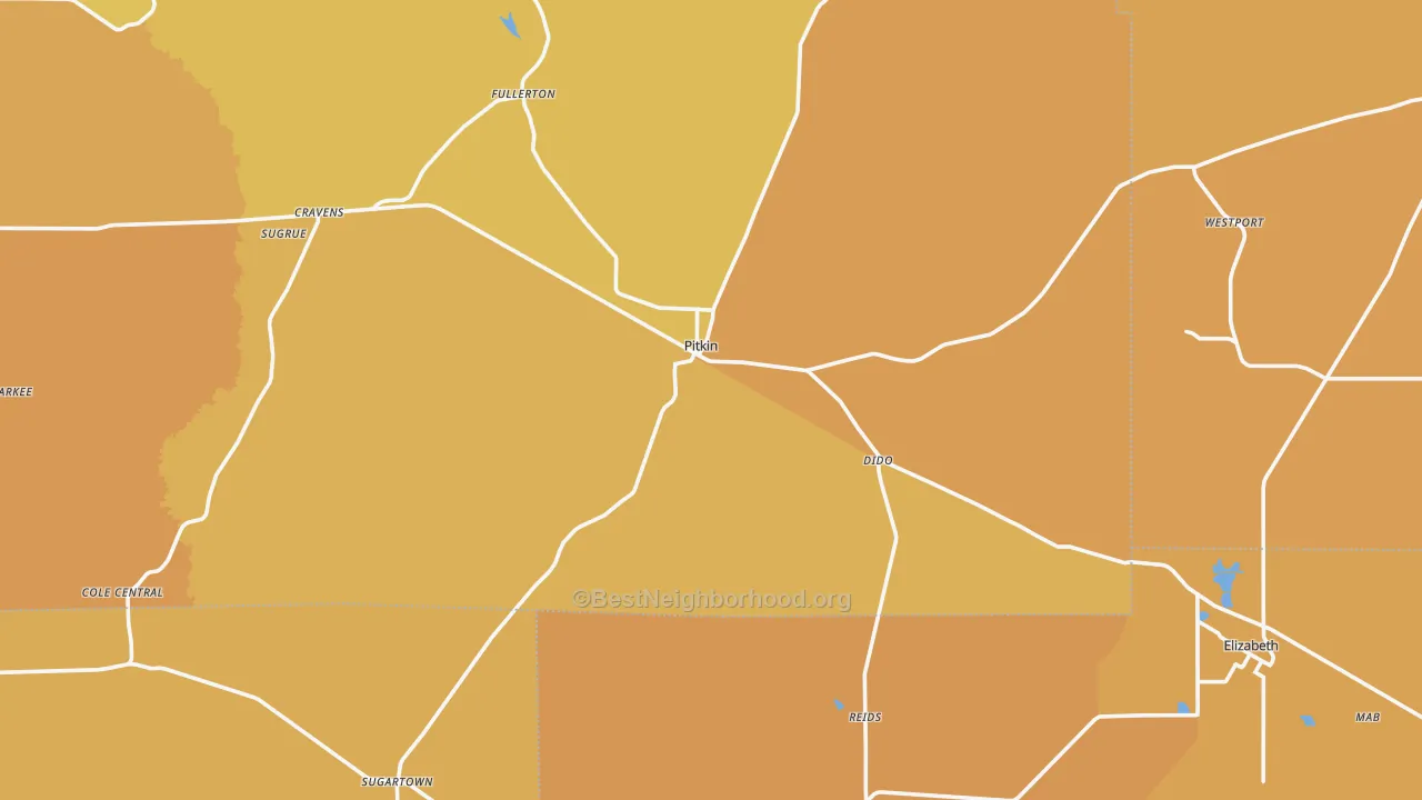 Map of the best neighborhoods in the 70656 area, with better matches in green and worse matches in red
