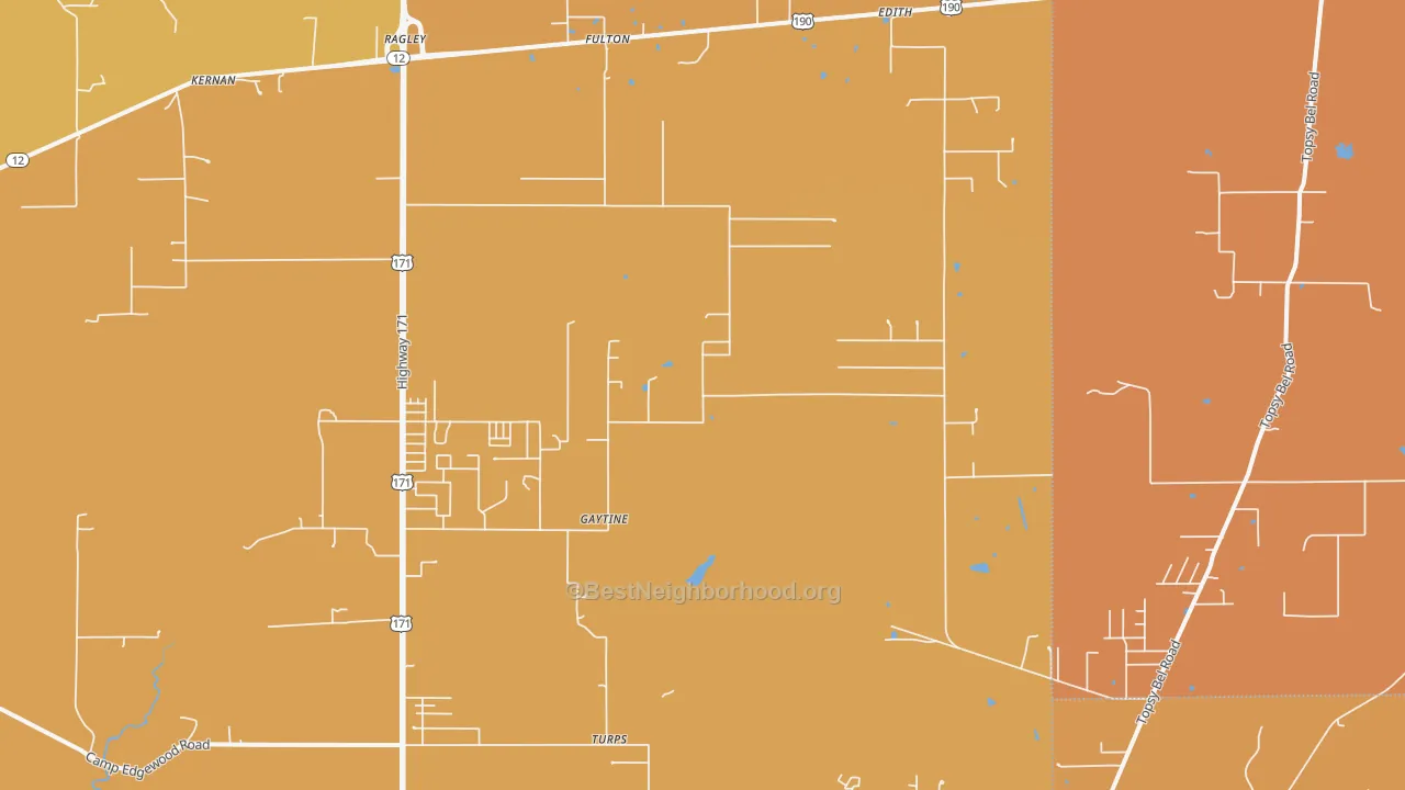 Map of the best neighborhoods in the 70657 area, with better matches in green and worse matches in red