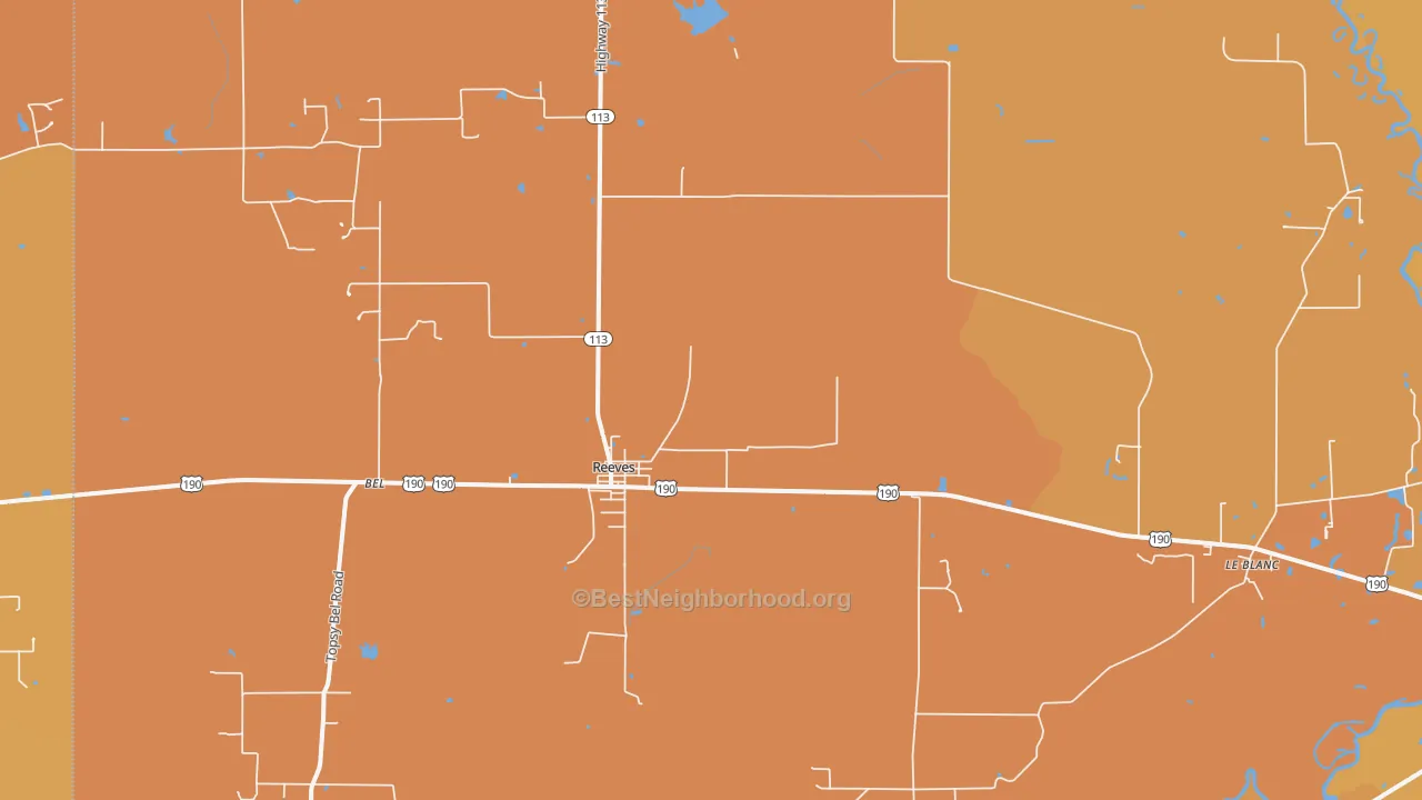Map of the best neighborhoods in the 70658 area, with better matches in green and worse matches in red