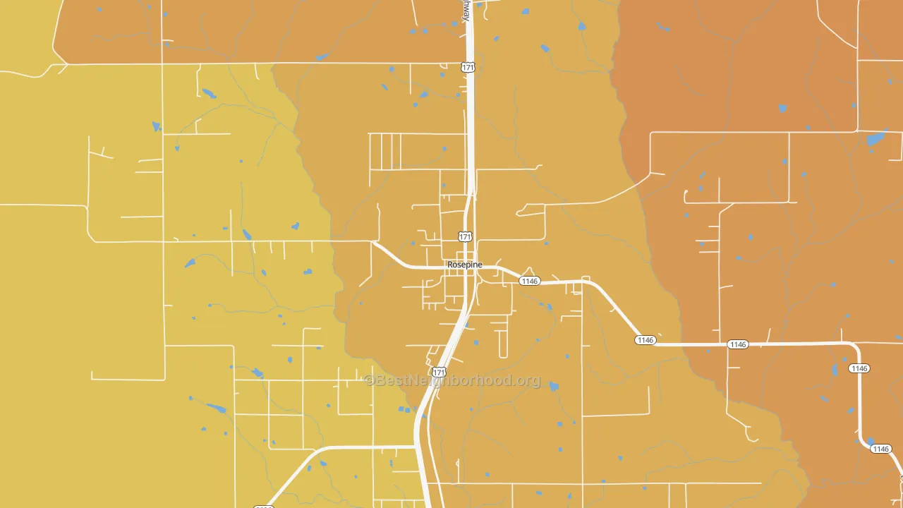 Map of the best neighborhoods in the 70659 area, with better matches in green and worse matches in red