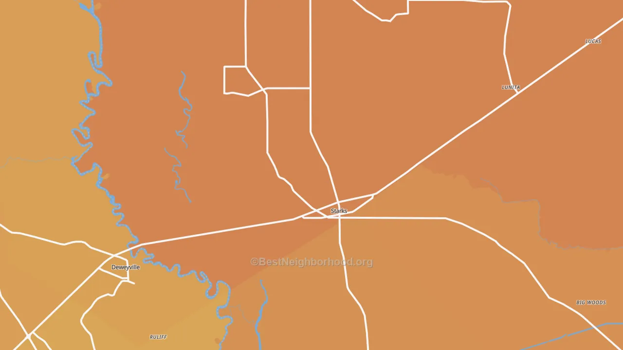 Map of the best neighborhoods in the 70661 area, with better matches in green and worse matches in red