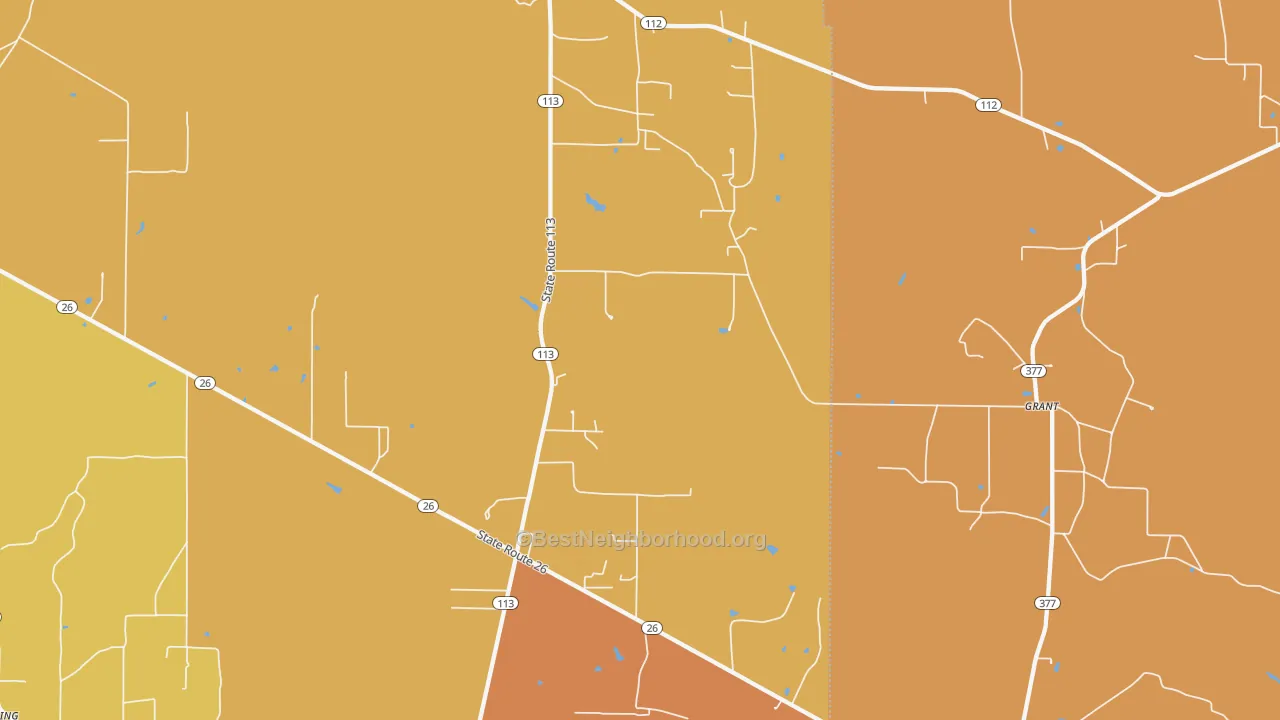Map of the best neighborhoods in the 70662 area, with better matches in green and worse matches in red