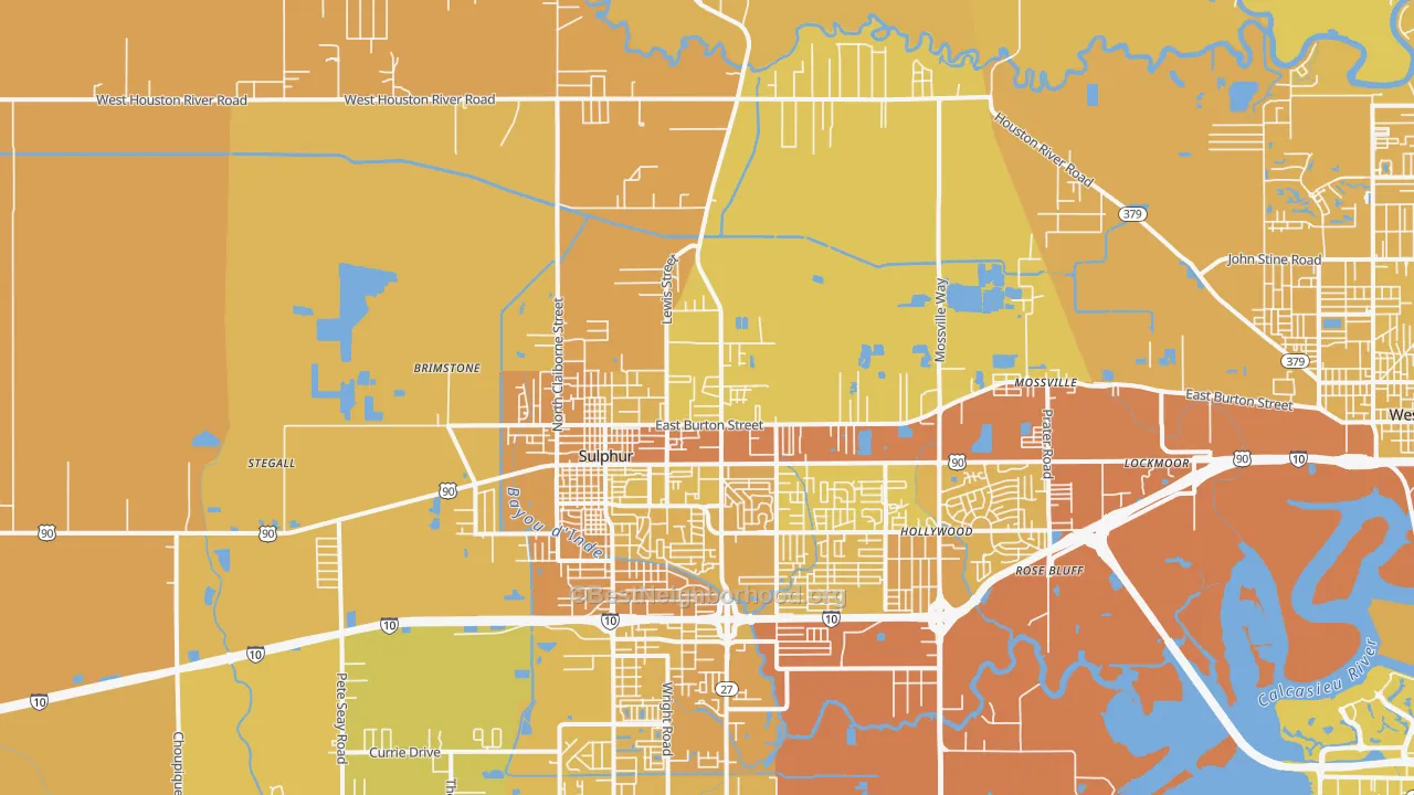 Map of the best neighborhoods in the 70663 area, with better matches in green and worse matches in red