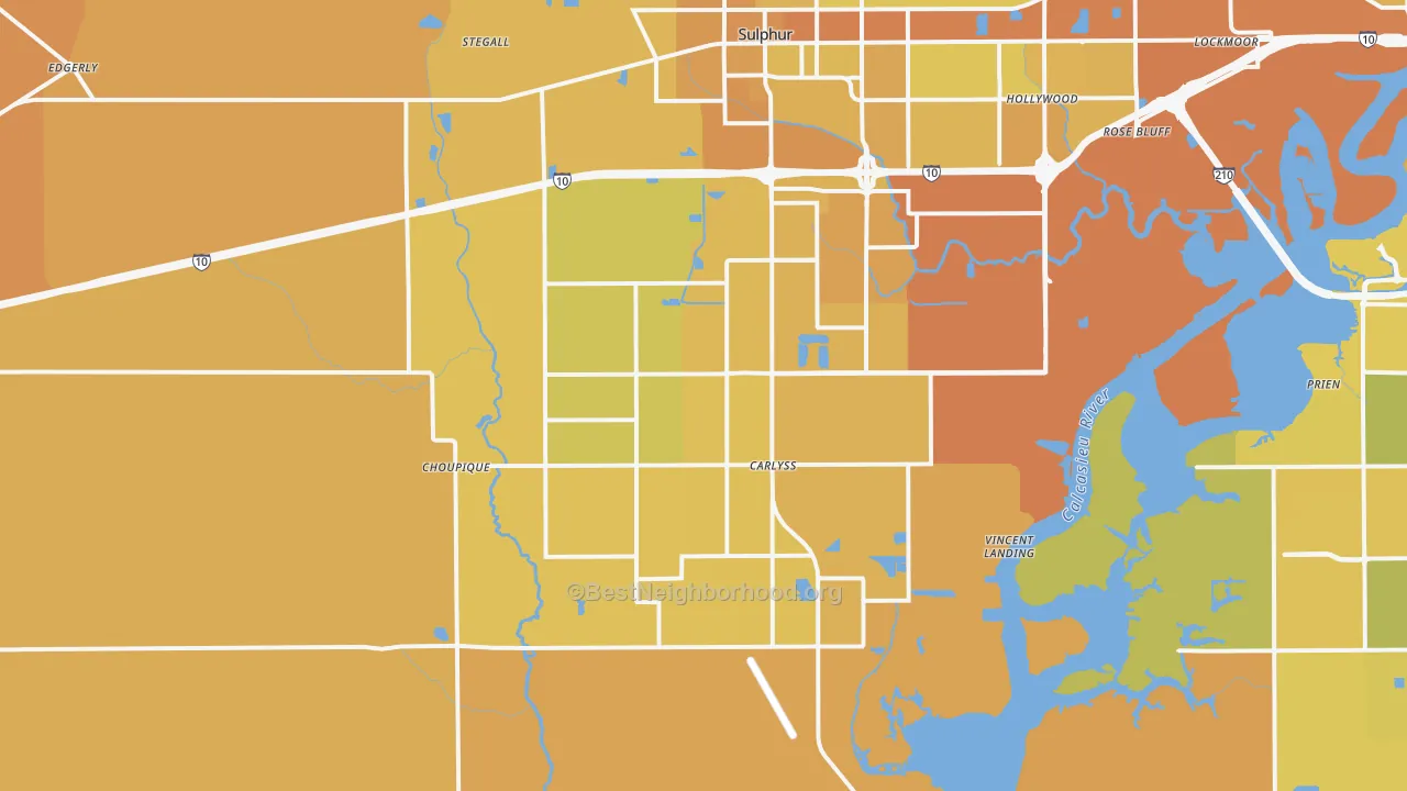 Map of the best neighborhoods in the 70665 area, with better matches in green and worse matches in red