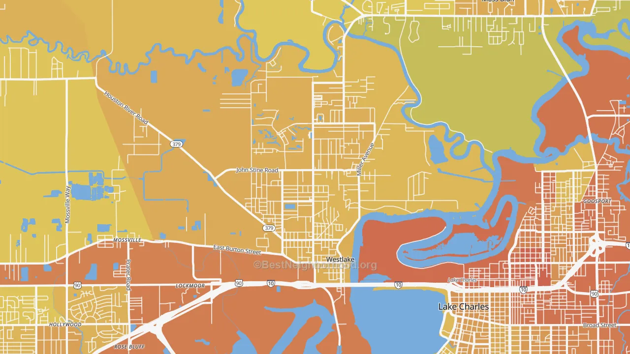 Map of the best neighborhoods in the 70669 area, with better matches in green and worse matches in red