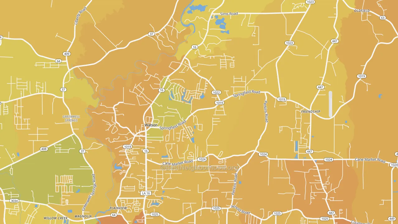 Map of the best neighborhoods in the 70706 area, with better matches in green and worse matches in red