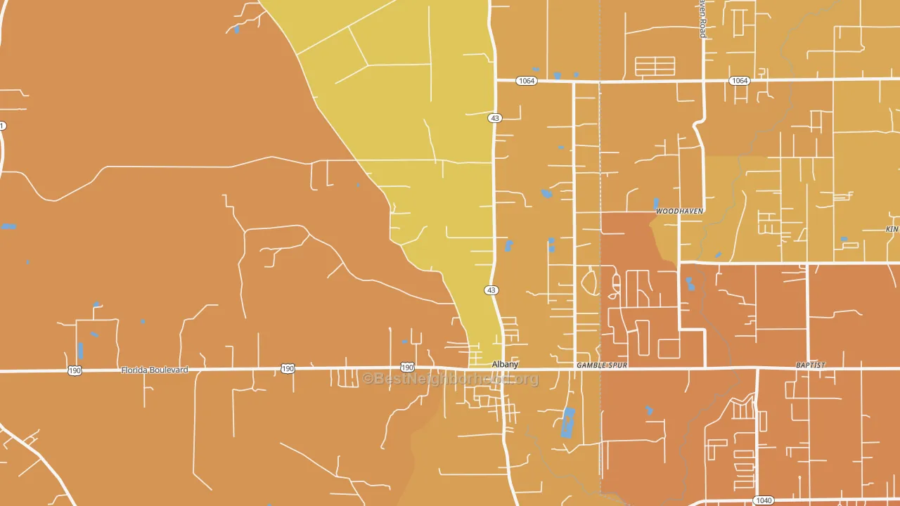 Map of the best neighborhoods in the 70711 area, with better matches in green and worse matches in red