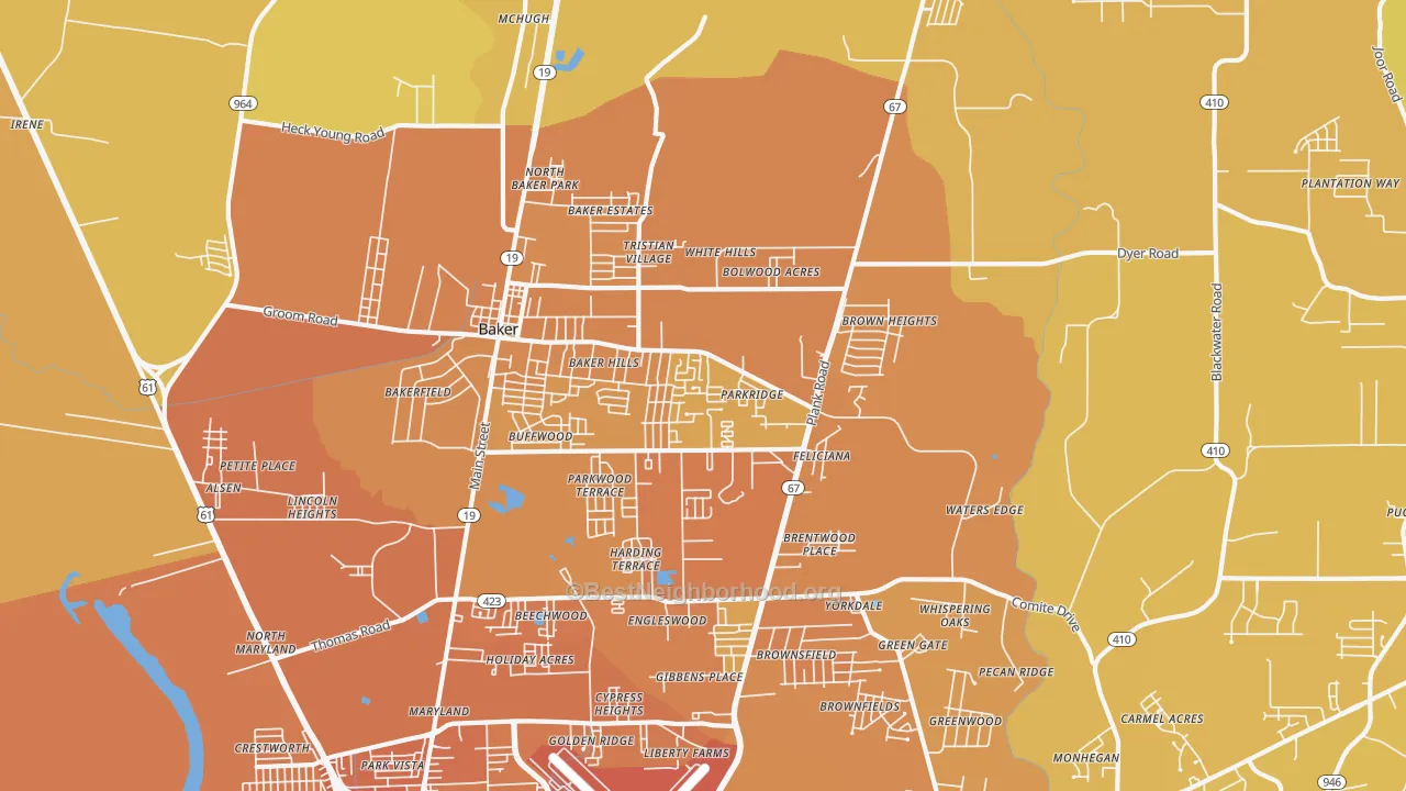 Map of the best neighborhoods in the 70714 area, with better matches in green and worse matches in red