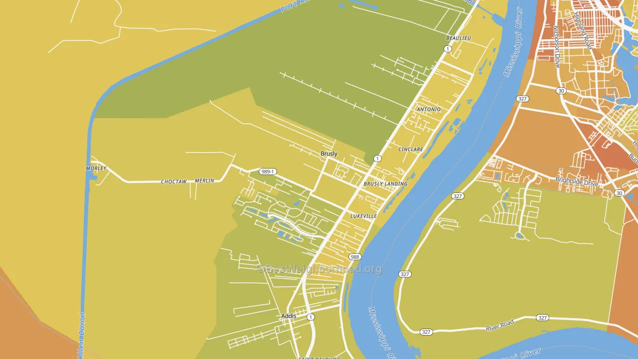 Map of the best neighborhoods in the 70719 area, with better matches in green and worse matches in red