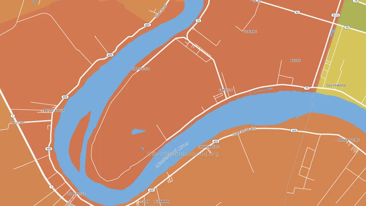 Map of the best neighborhoods in the 70721 area, with better matches in green and worse matches in red