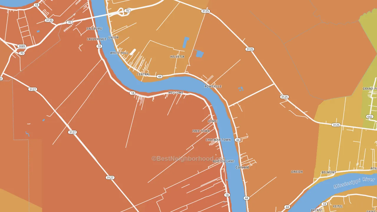 Map of the best neighborhoods in the 70723 area, with better matches in green and worse matches in red