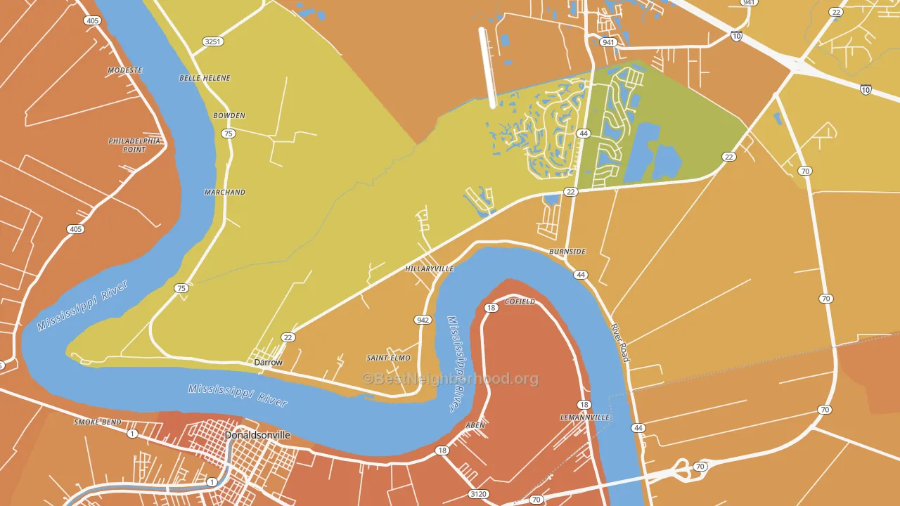 Map of the best neighborhoods in the 70725 area, with better matches in green and worse matches in red