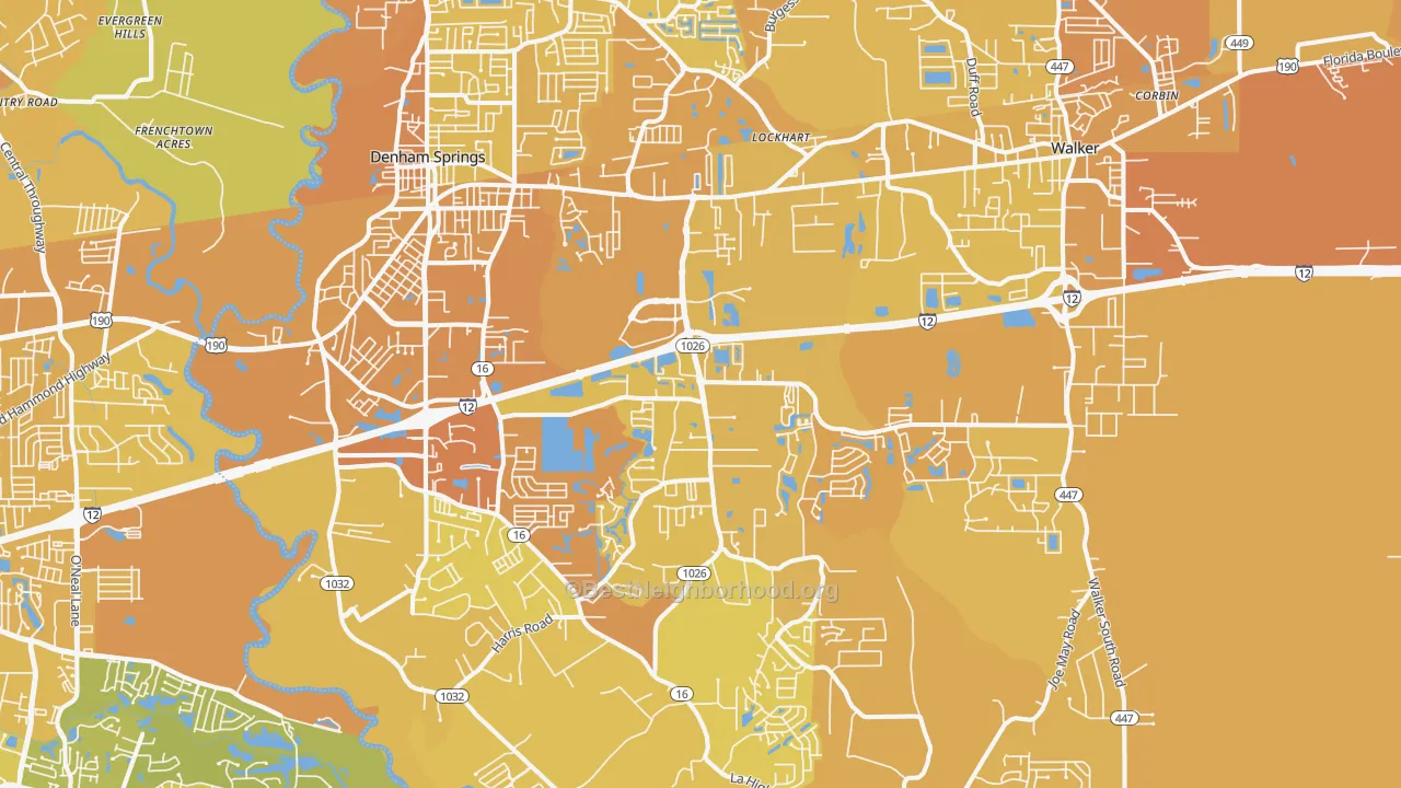 Map of the best neighborhoods in the 70726 area, with better matches in green and worse matches in red
