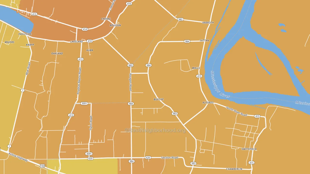 Map of the best neighborhoods in the 70729 area, with better matches in green and worse matches in red