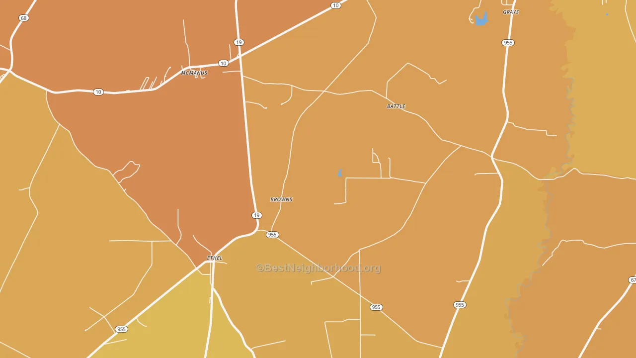 Map of the best neighborhoods in the 70730 area, with better matches in green and worse matches in red
