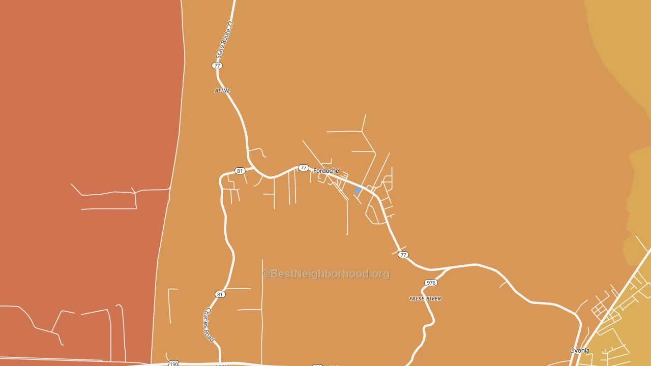 Map of the best neighborhoods in the 70732 area, with better matches in green and worse matches in red